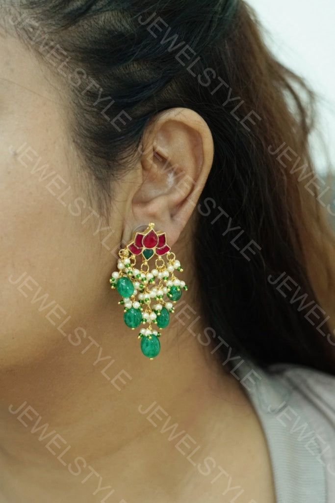 Kundan lotus earrings(1-1251)(N) - JEWELSTYLE