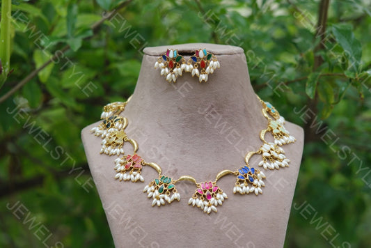 Navratan kundan lotus necklace set (4-5266)(R)(PREORDER) - JEWELSTYLE