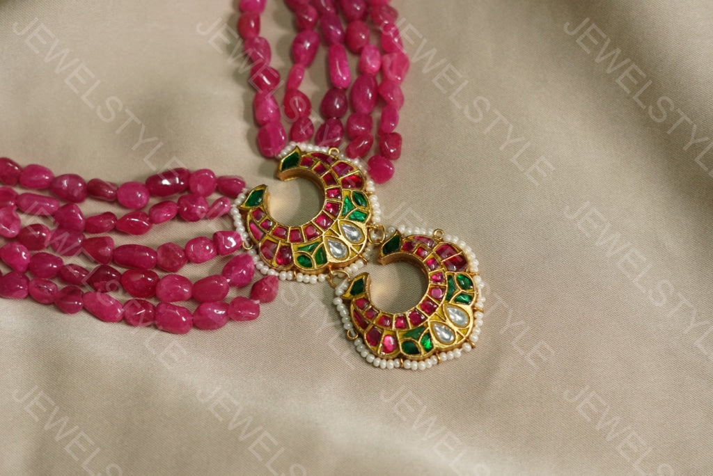 Pink beads Kundan pendant necklace (4-3696)(R) (PREORDER) - JEWELSTYLE