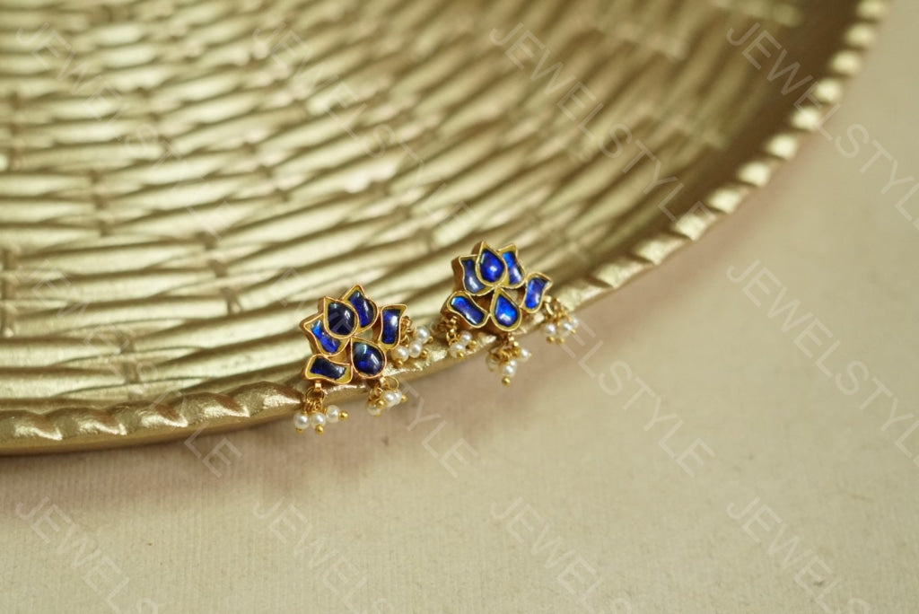 Blue Kundan lotus Earrings(1-1520)(PREORDER)