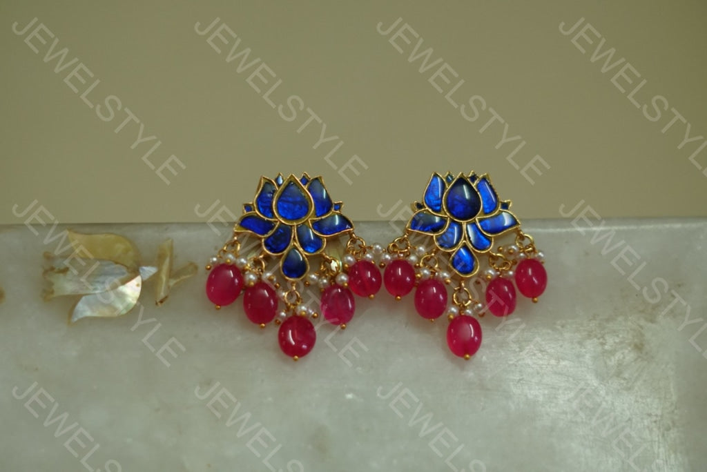 Blue Kundan lotus studs (1-1152)(PREORDER) - JEWELSTYLE