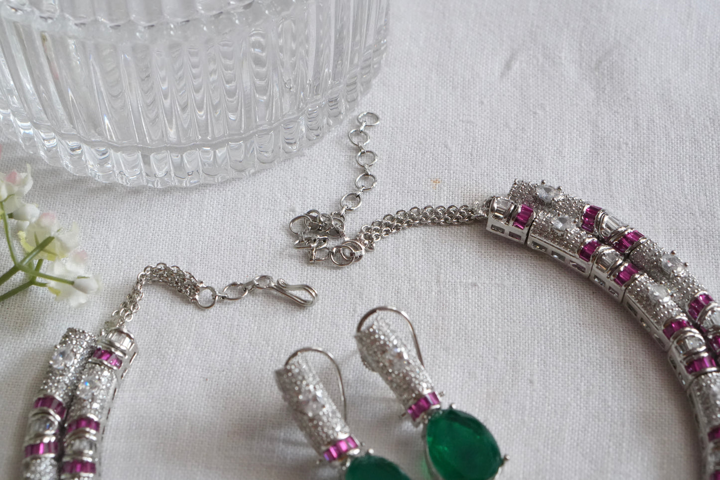 Green stone AD necklace Set  (4-9043)(B)