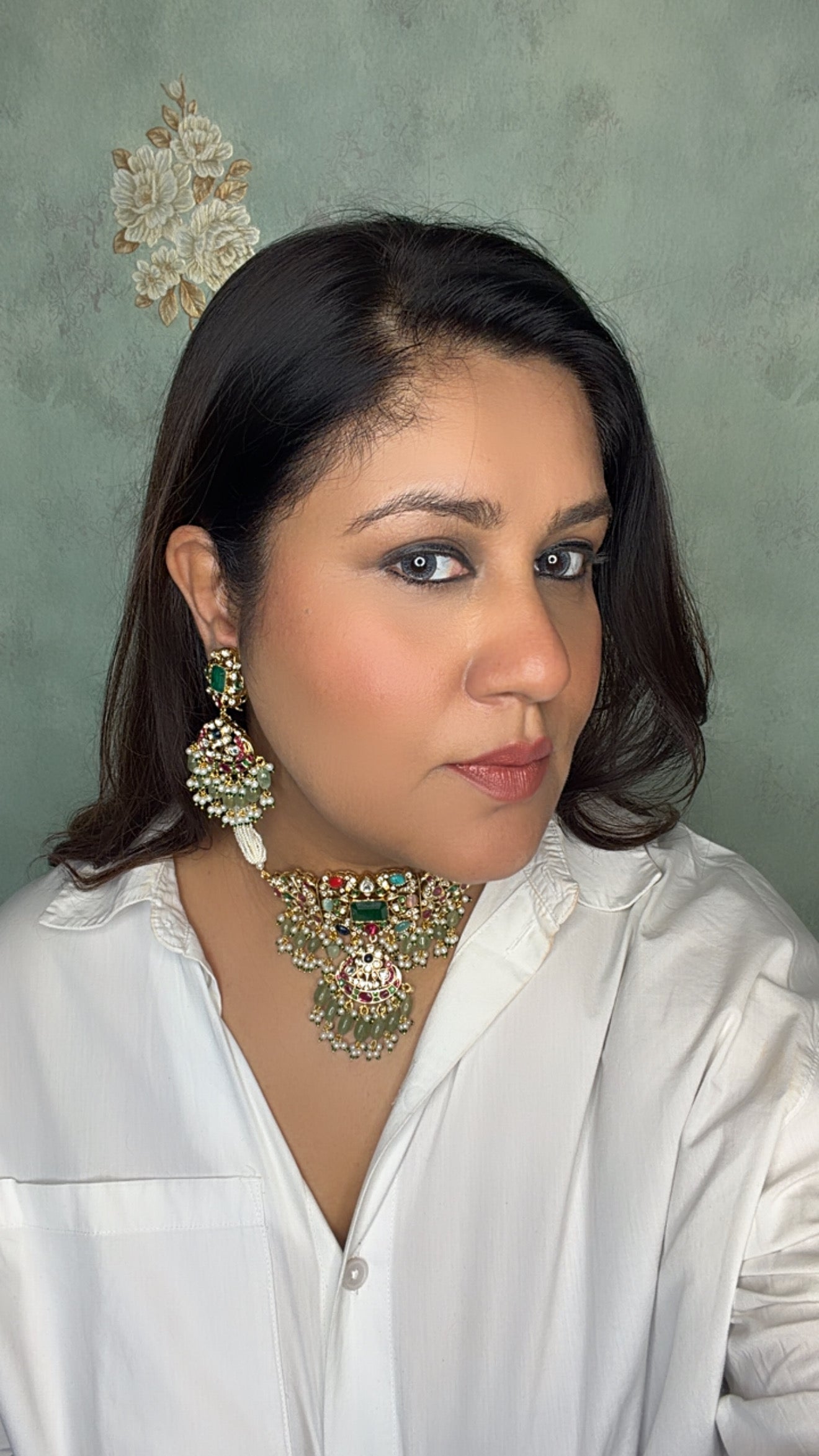 Multi Stone Or Navratan Polki Choker set (4-8895)(B) - JEWELSTYLE