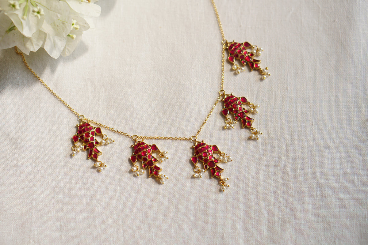 Pink Stone Fish Kundan Necklace (4-9723)