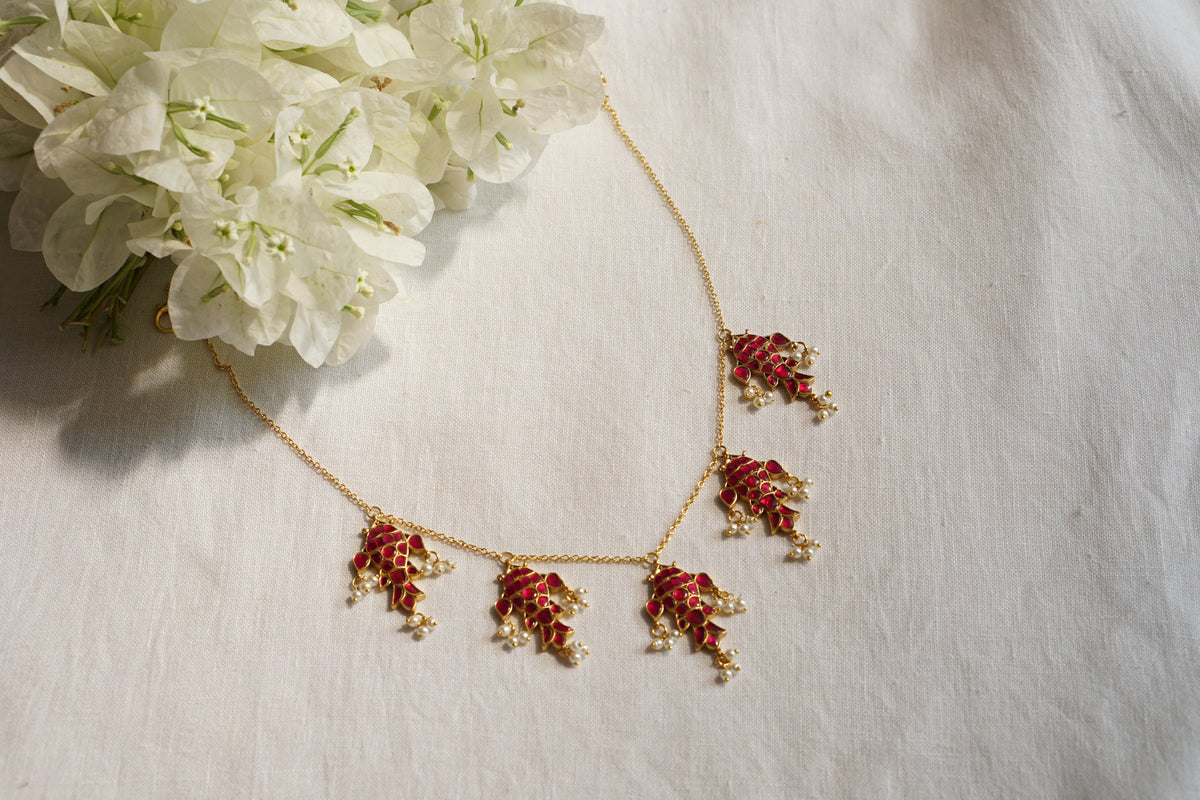 Pink Stone Fish Kundan Necklace (4-9723)