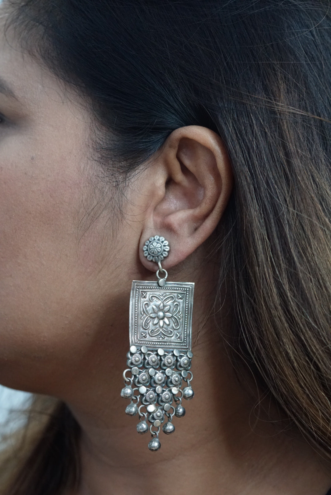 Greenish Floral Oxidised Earring - Mata Payals Exclusive Silver Jewellery