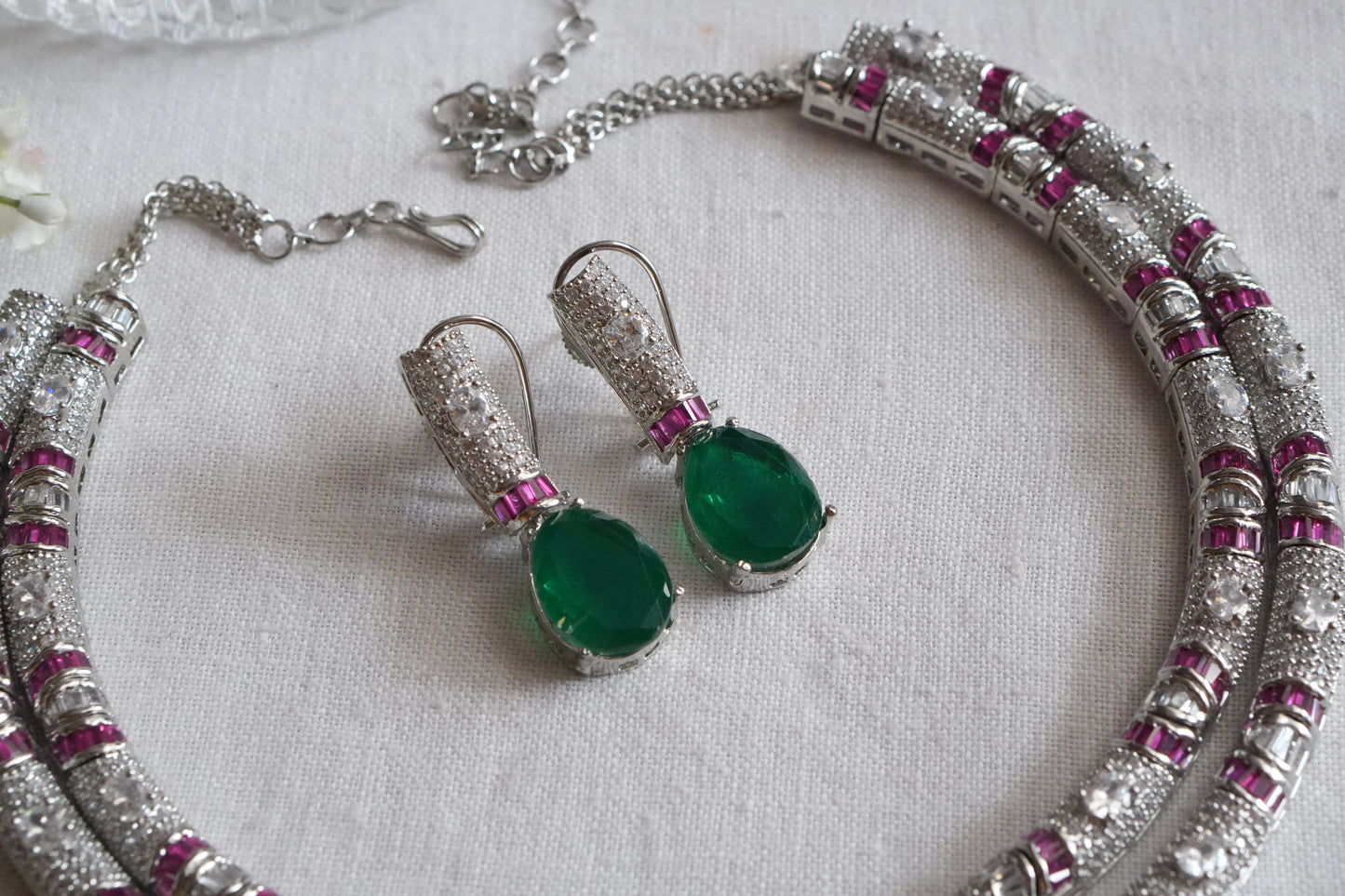 Green stone AD necklace Set  (4-9043)(B)