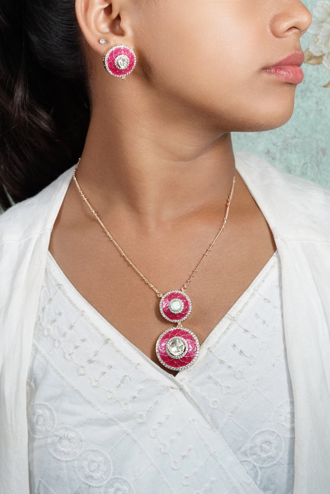 Red Stone Polki pendant Necklace Set (4-7037)(M)(CLEARANCE SALE) - JEWELSTYLE