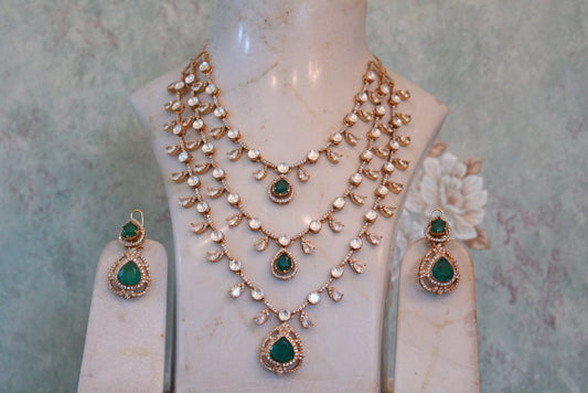 3 Line Green stone Polki necklace set (4-7290)(B)(PREORDER) - JEWELSTYLE