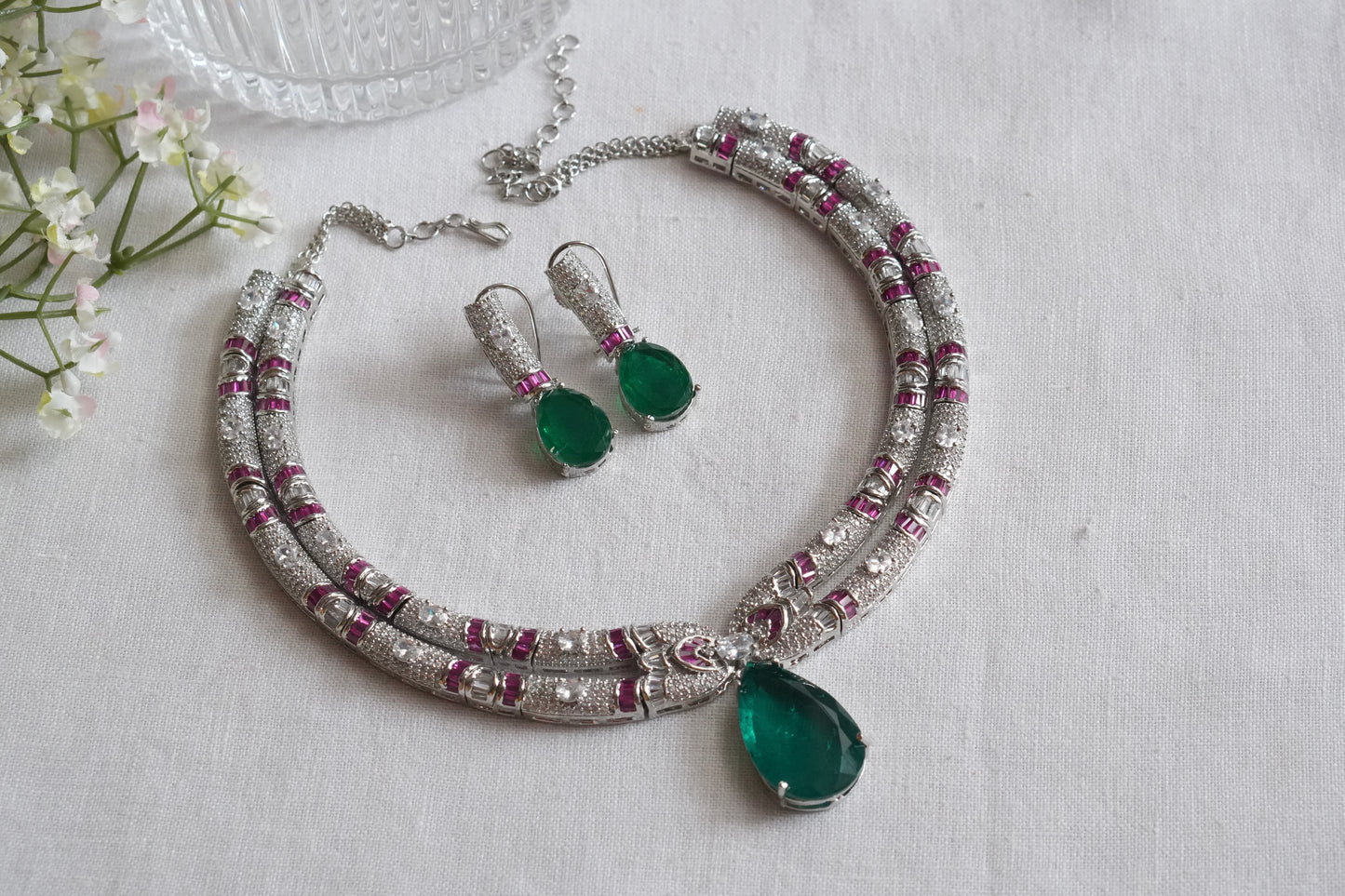 Green stone AD necklace Set  (4-9043)(B)