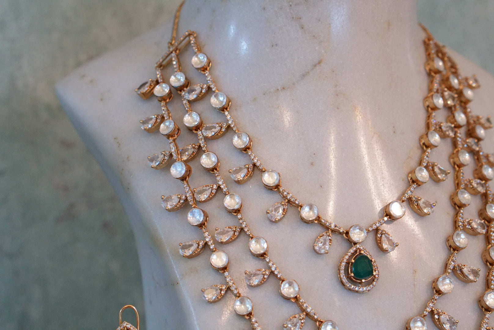 3 Line Green stone Polki necklace set (4-7290)(B)(PREORDER) - JEWELSTYLE