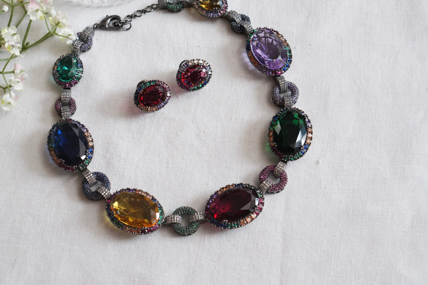 Multi stone AD necklace Set(4-9044)(B)