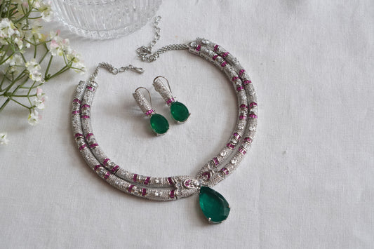 Green stone AD necklace Set  (4-9043)(B)