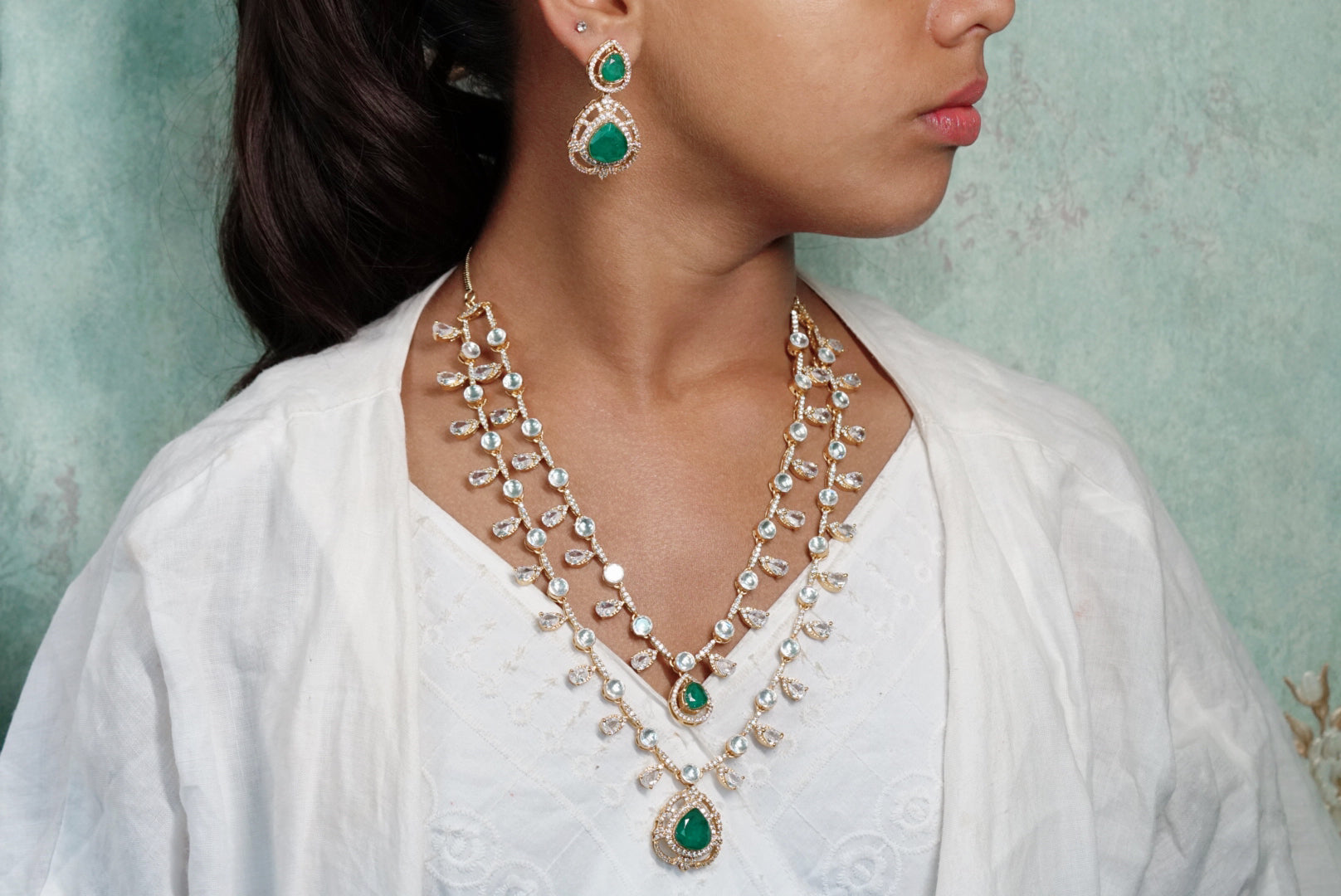 2 line Green Stone Polki Necklace Set (4-7036)(B) - JEWELSTYLE