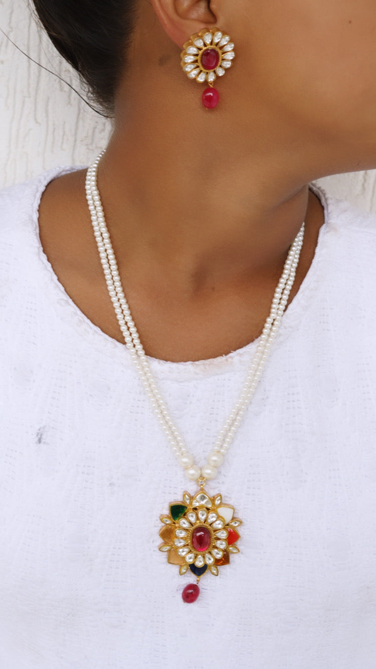 Kundan Navratan pendant necklace set (4-6319)(R)(DISCOUNTED) - JEWELSTYLE
