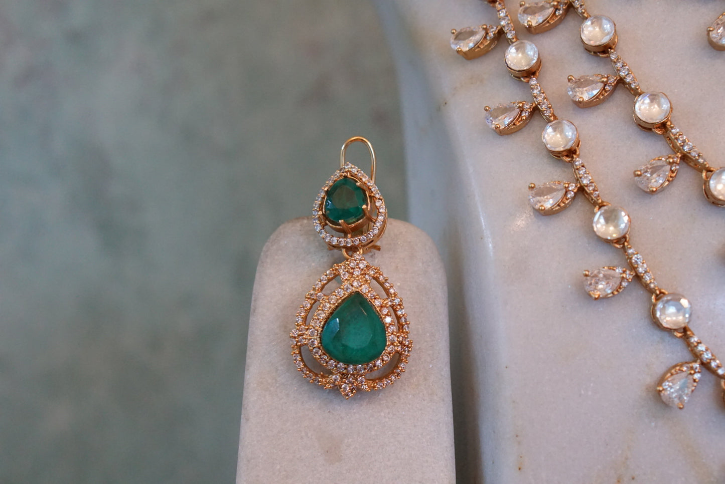3 Line Green stone Polki necklace set (4-7290)(B)(PREORDER) - JEWELSTYLE