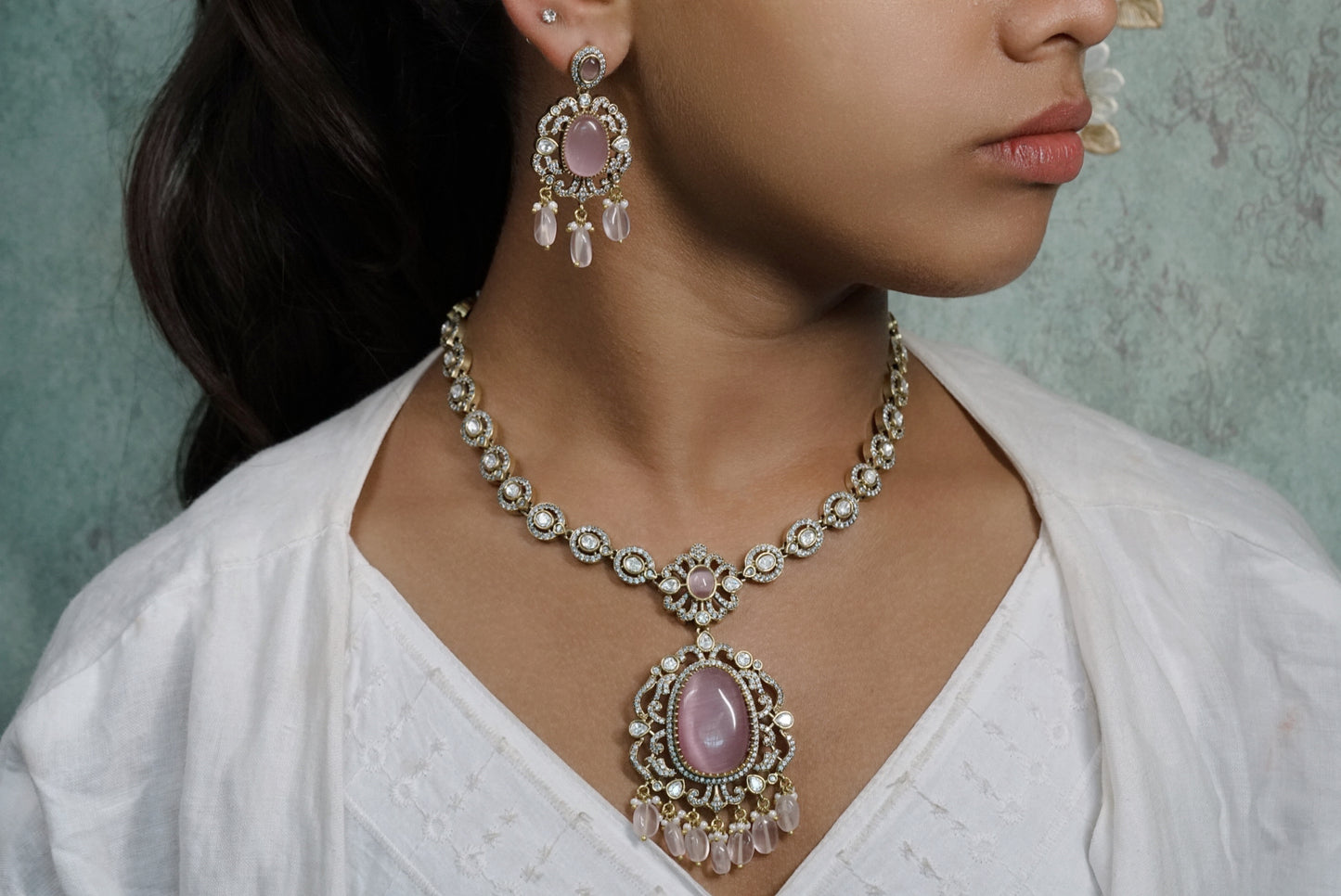 Pink stone polki set (4-8206)(EX)(ALREADY DISCOUNTED PIECE) - JEWELSTYLE