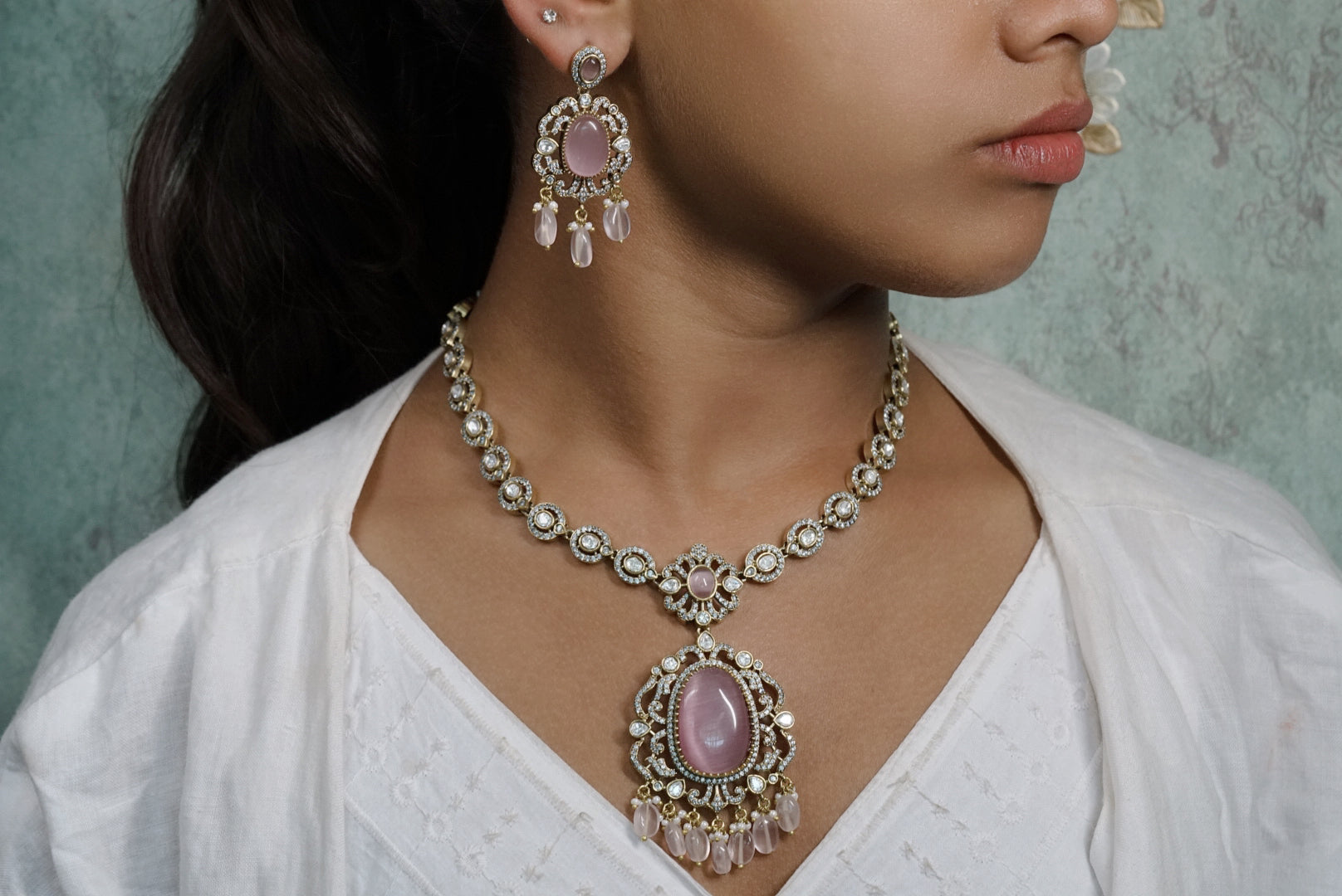 Pink stone polki set (4-8206)(EX)(ALREADY DISCOUNTED PIECE) - JEWELSTYLE