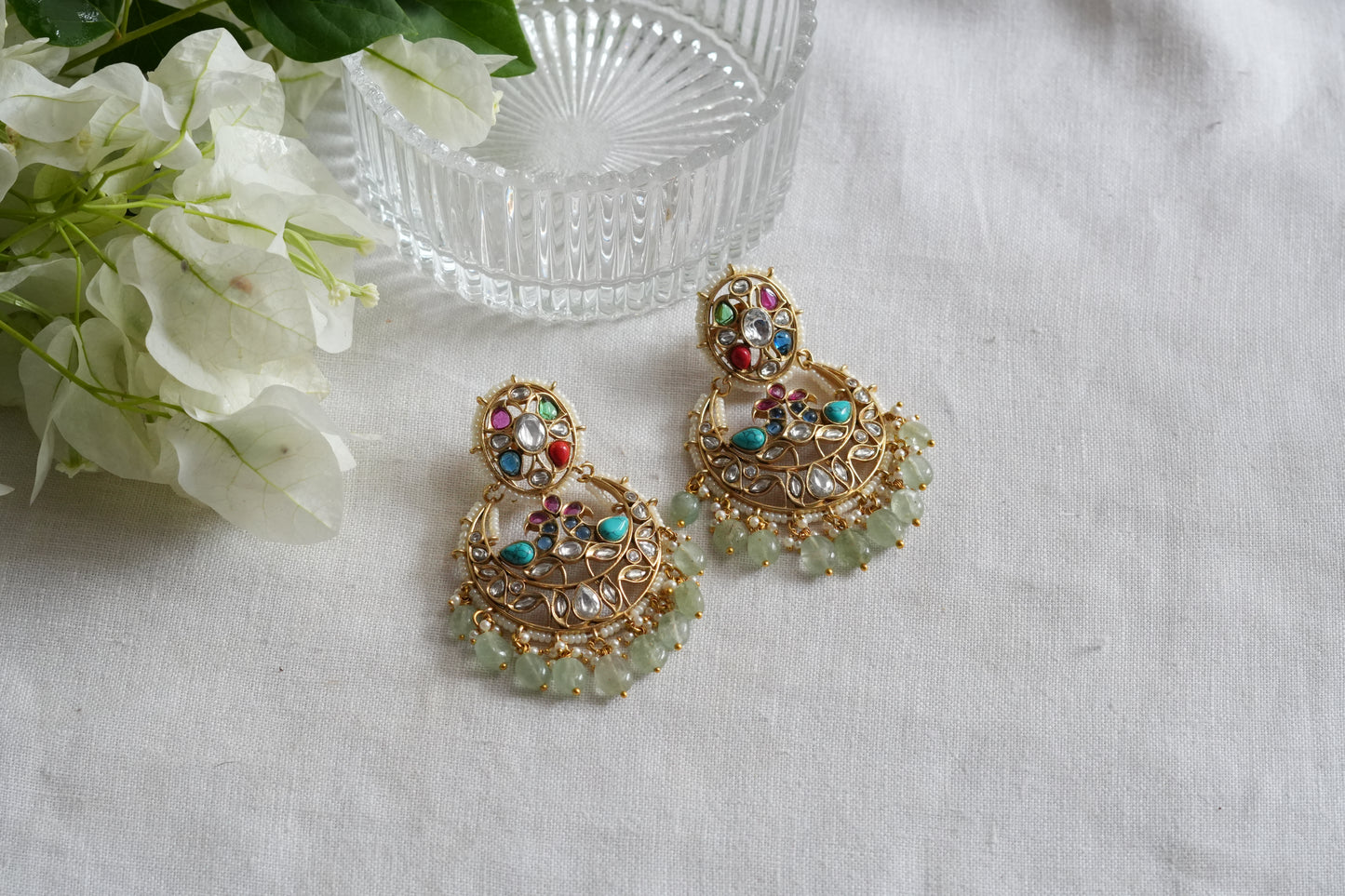 Navratan Polki Chandbali Earrings (1-5443)(B)