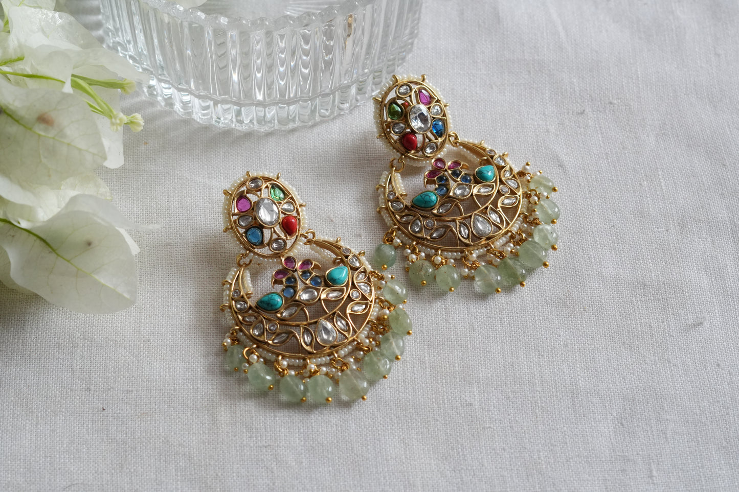 Navratan Polki Chandbali Earrings (1-5443)(B)
