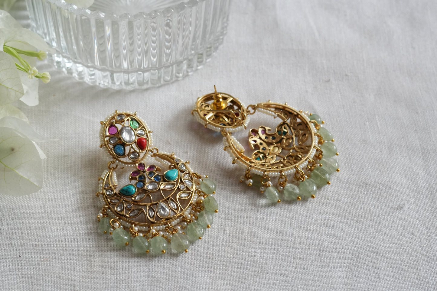 Navratan Polki Chandbali Earrings (1-5443)(B)