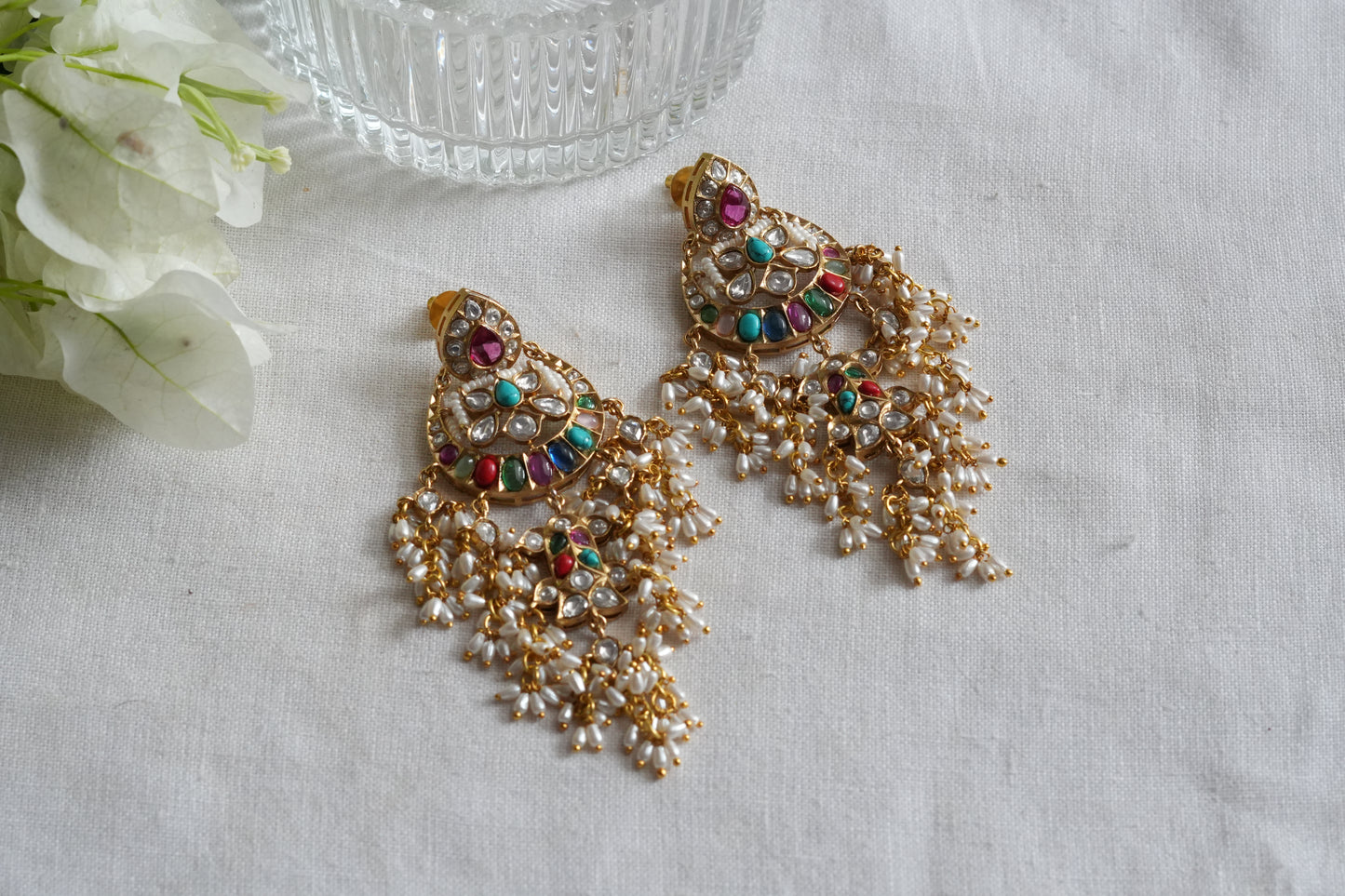 Navratan Polki Chandbali Earrings (1-5444)(B)