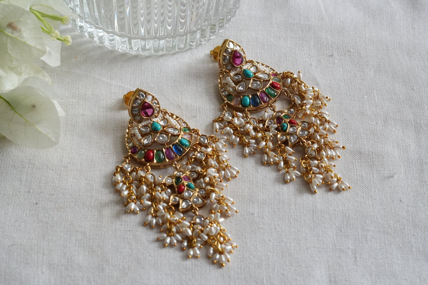 Navratan Polki Chandbali Earrings (1-5444)(B)