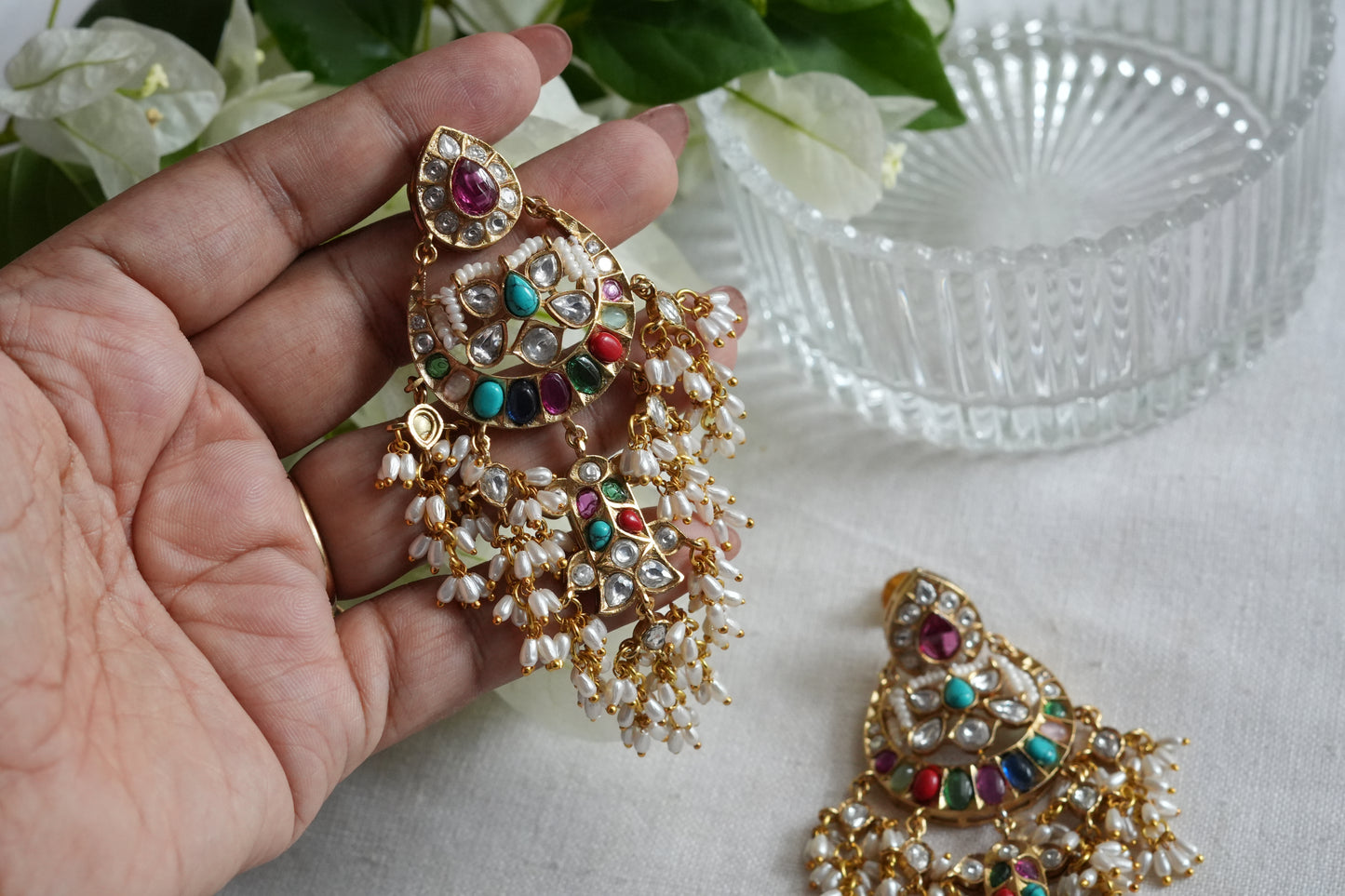 Navratan Polki Chandbali Earrings (1-5444)(B)