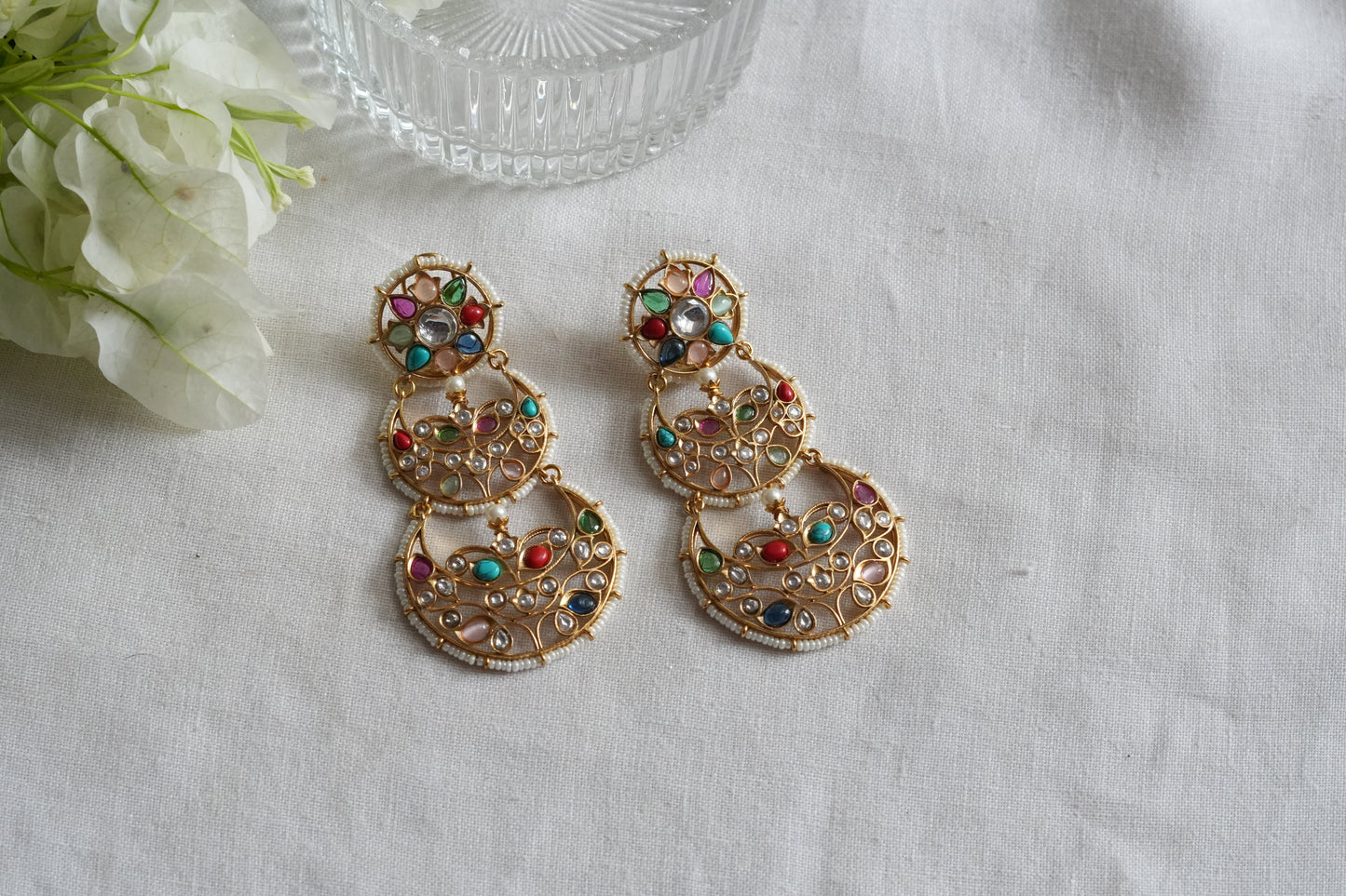 Navratan Polki Chandbali Earrings (1-5445)(B)