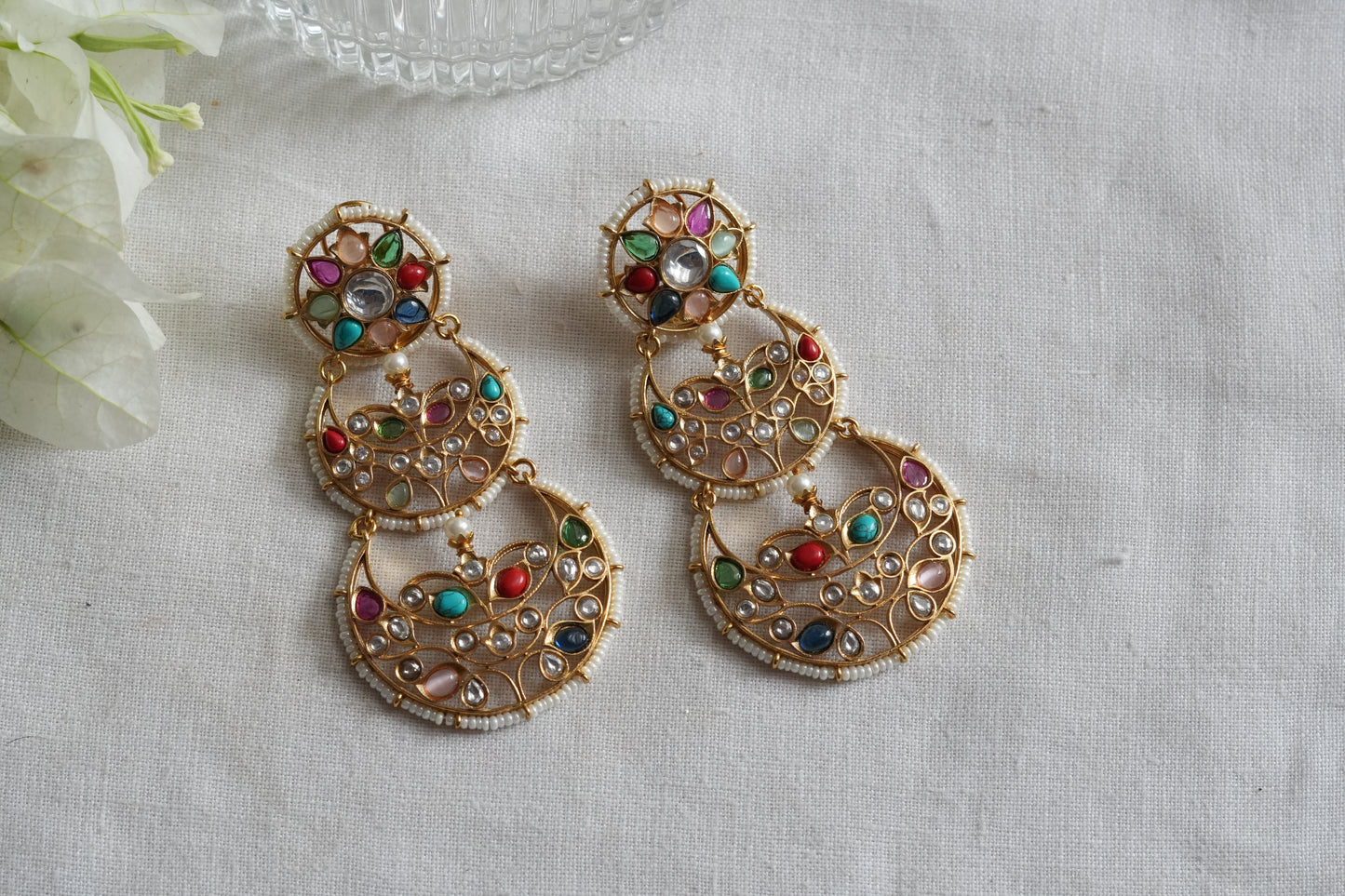 Navratan Polki Chandbali Earrings (1-5445)(B)