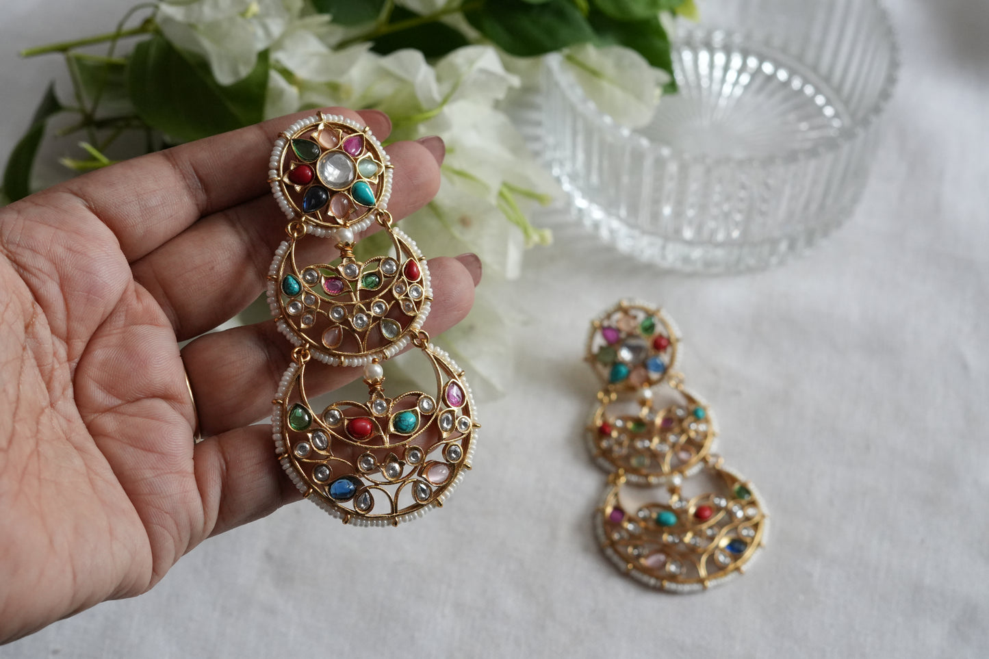 Navratan Polki Chandbali Earrings (1-5445)(B)