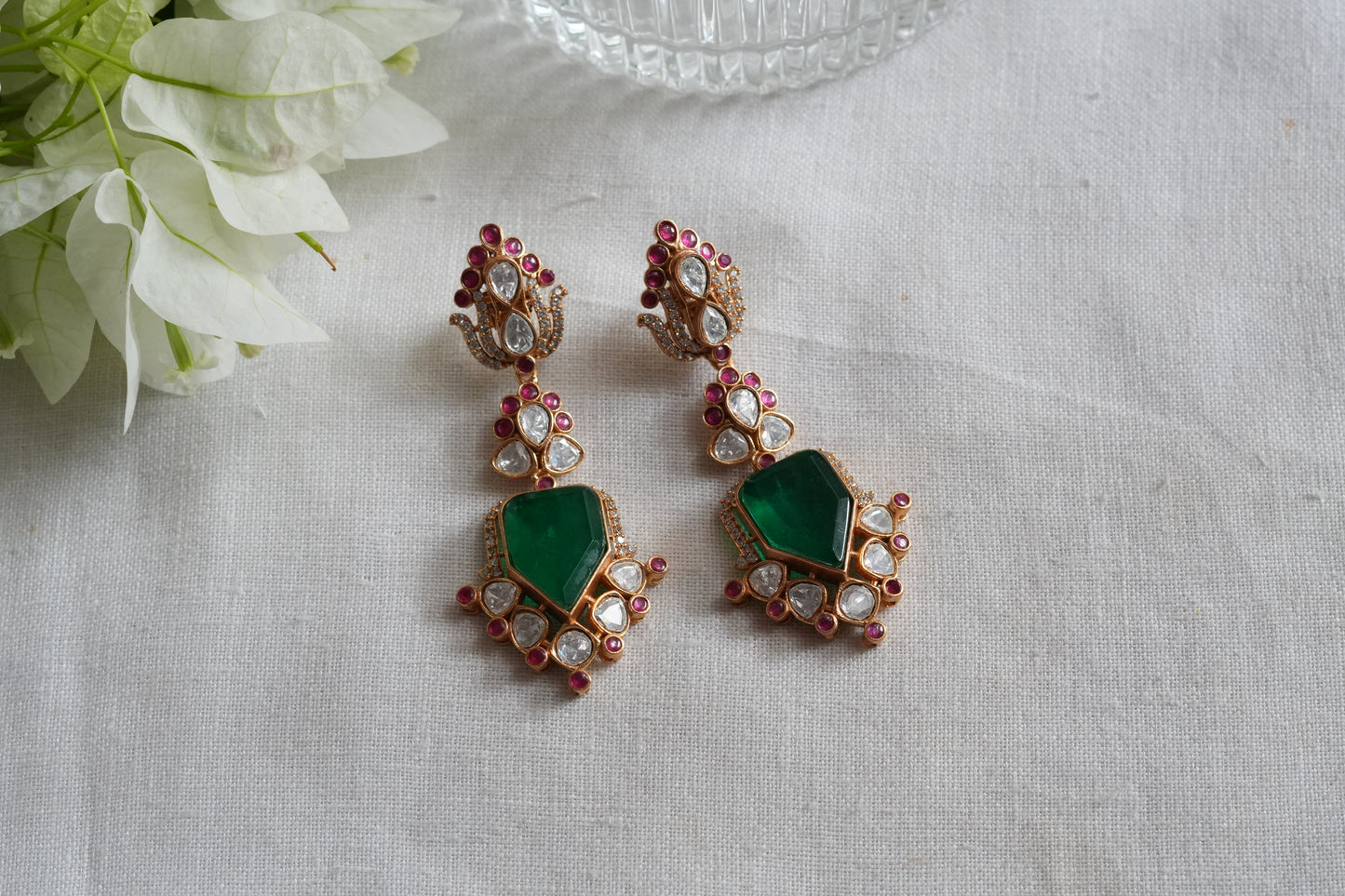 Green & Pink Stone Polki earrings(1-5454)(SR)