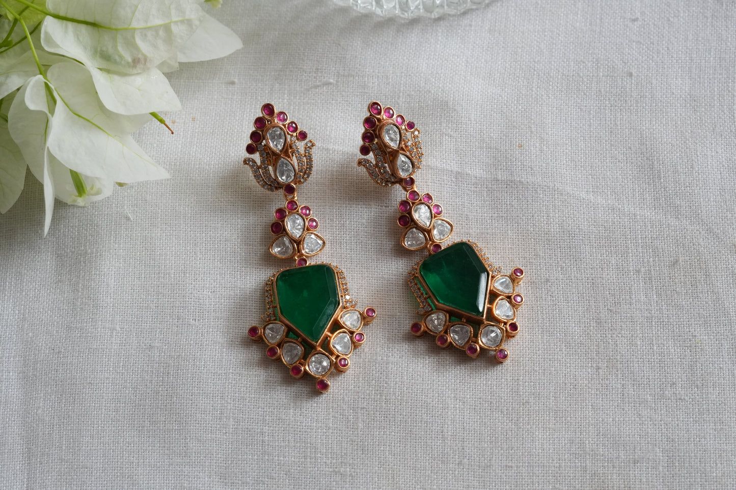 Green & Pink Stone Polki earrings(1-5454)(SR)