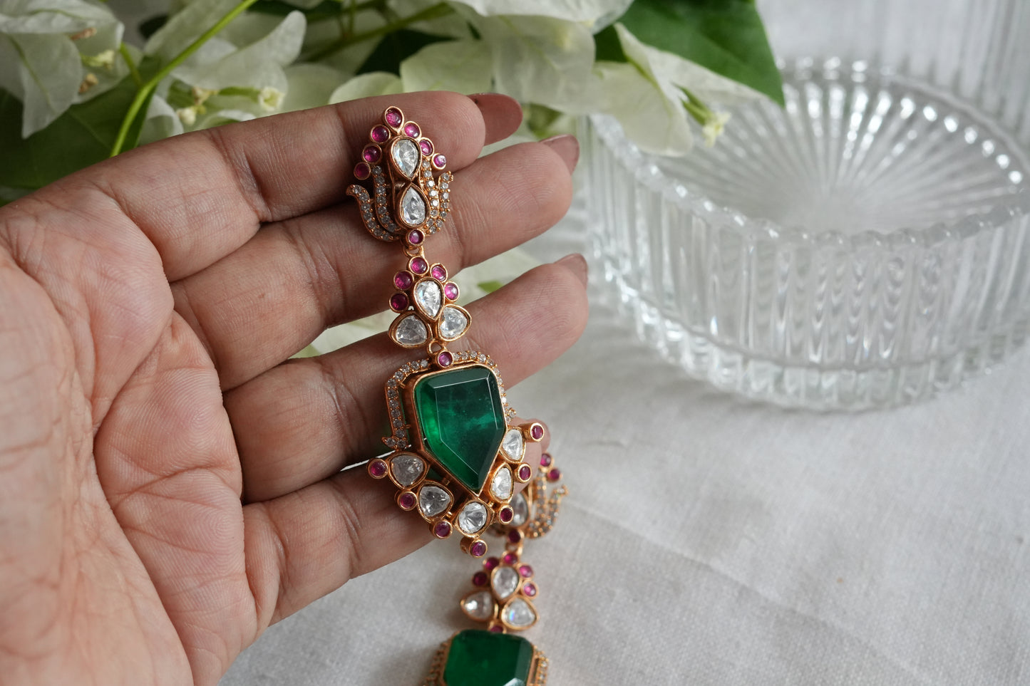 Green & Pink Stone Polki earrings(1-5454)(SR)