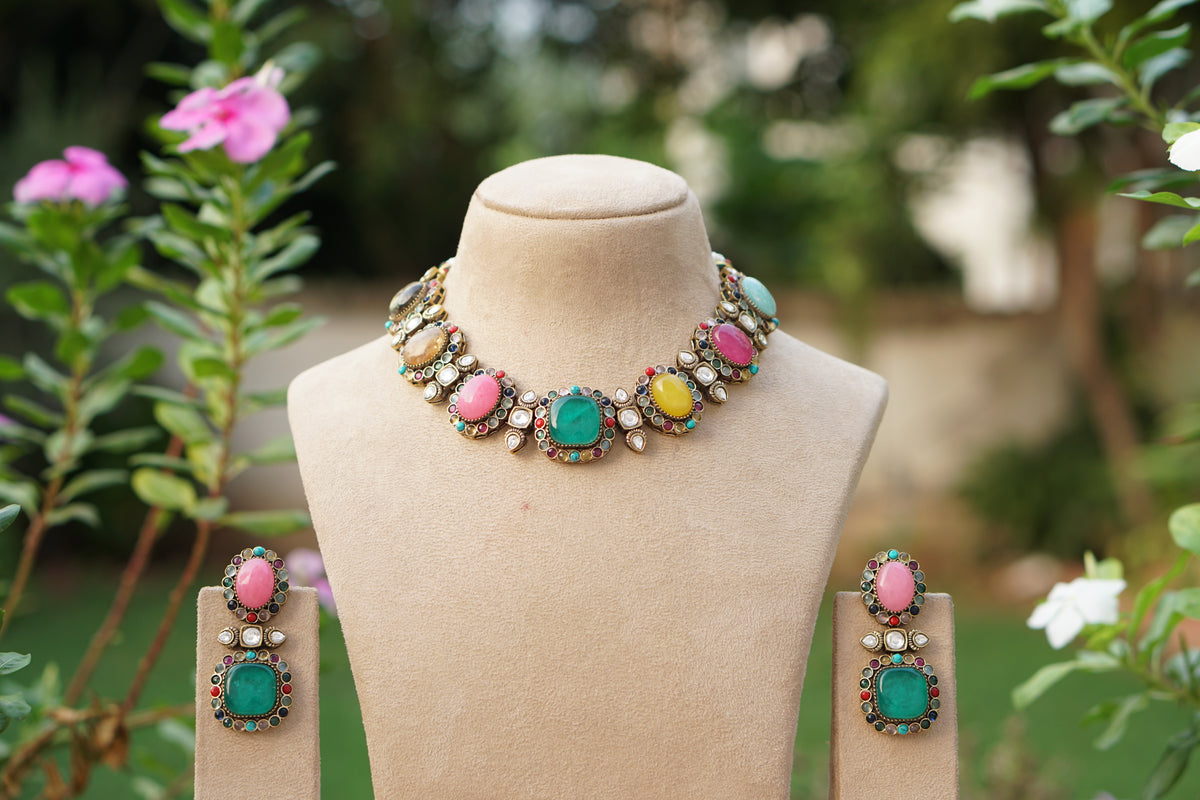 Multi Stone Polki Necklace Set (4-9736)(B)