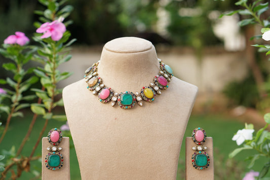 Multi Stone Polki Necklace Set (4-9736)(B)
