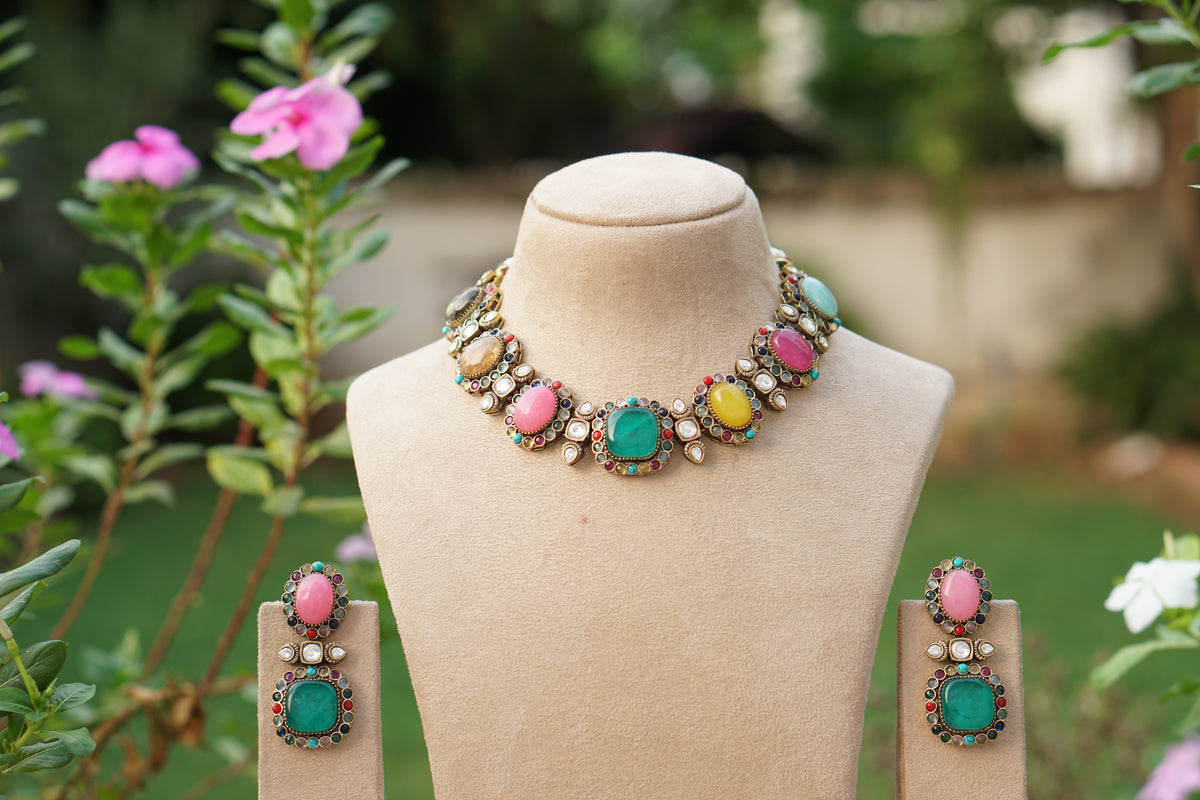 Multi Stone Polki Necklace Set (4-9736)(B)