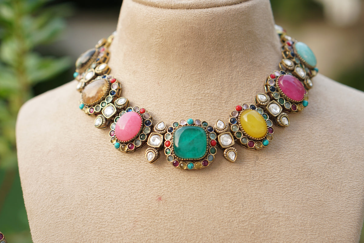 Multi Stone Polki Necklace Set (4-9736)(B)