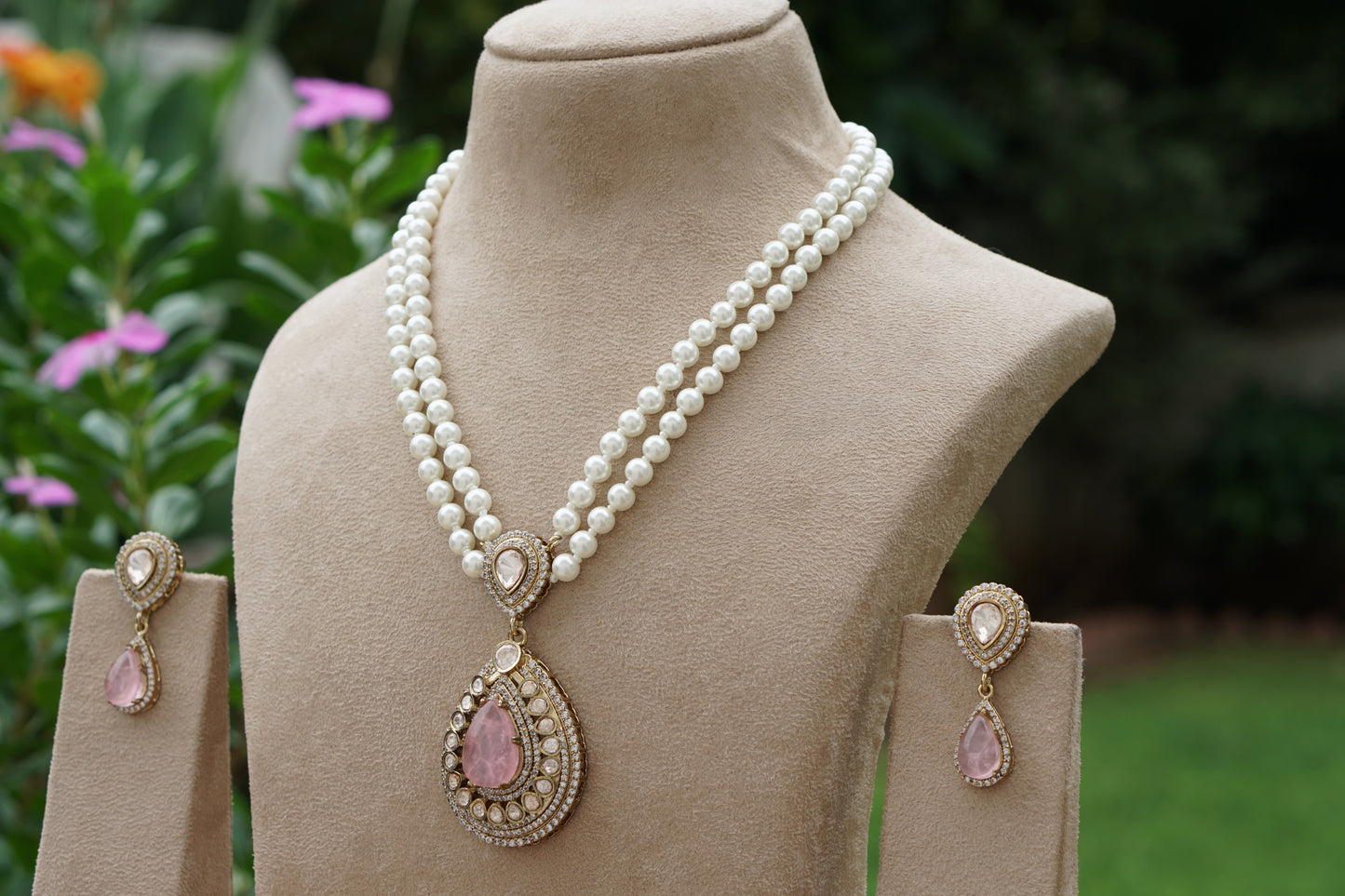 Pink Stone Polki Pendant Set(4-9358)(B)