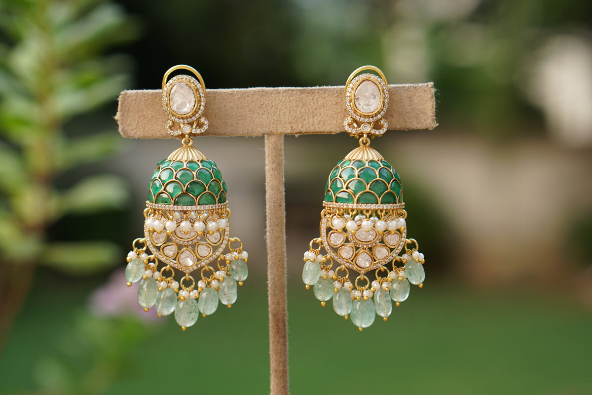 Green stone Polki Jhumki (1-5608)(B)