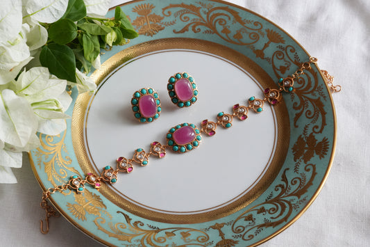 Pink & Turquoise Stone Polki Choker Set (4-9492)(SR)