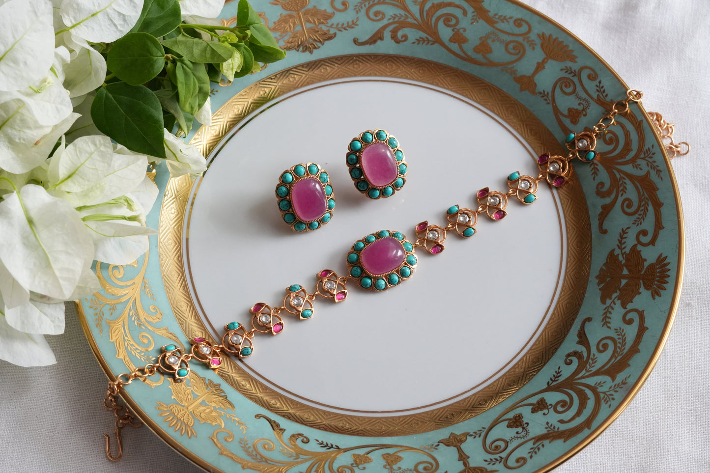 Pink & Turquoise Stone Polki Choker Set (4-9492)(SR)