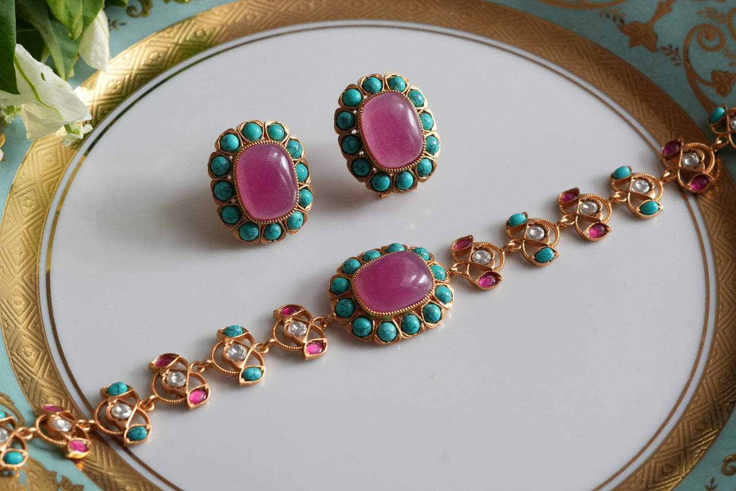 Pink & Turquoise Stone Polki Choker Set (4-9492)(SR)