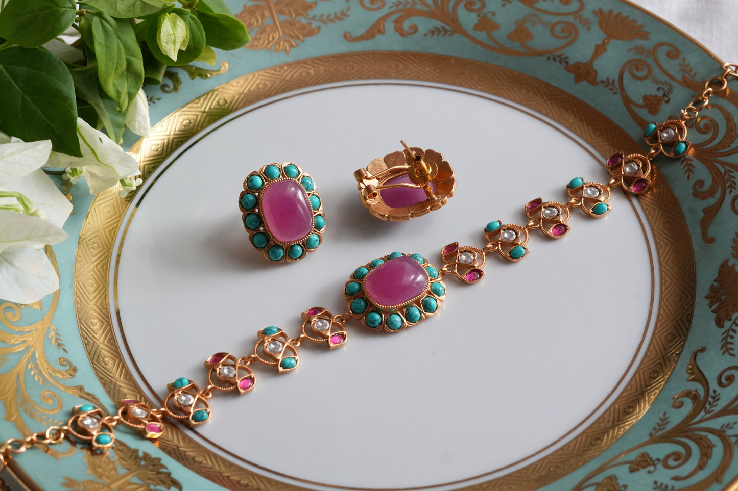 Pink & Turquoise Stone Polki Choker Set (4-9492)(SR)