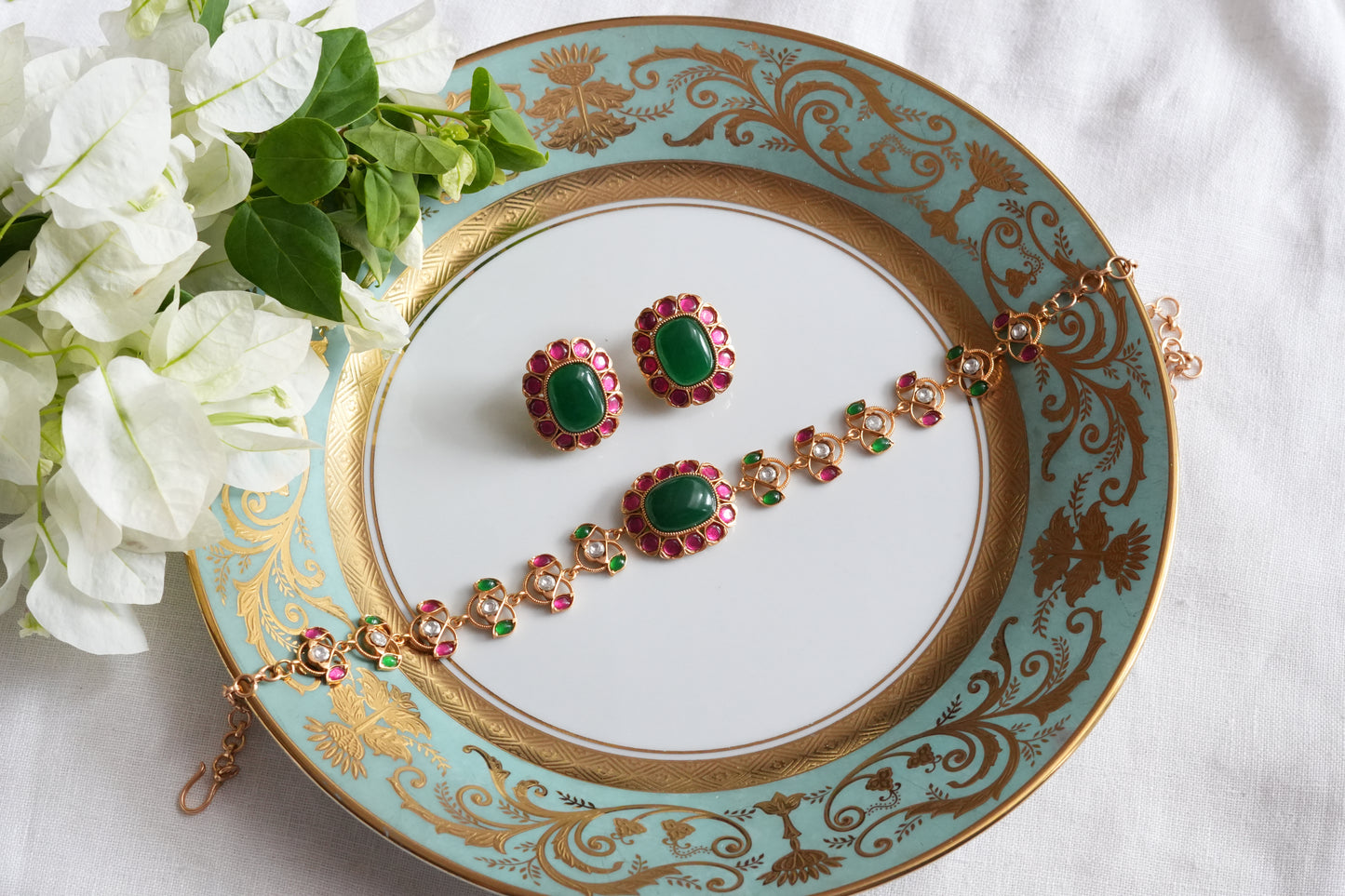 Pink & Green Stone Polki Choker Set (4-9493)(SR)