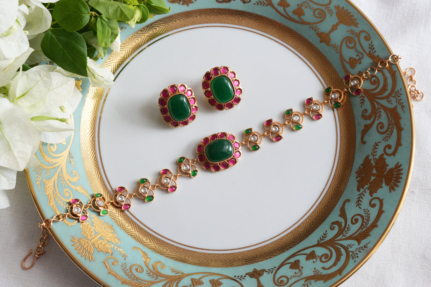 Pink & Green Stone Polki Choker Set (4-9493)(SR)
