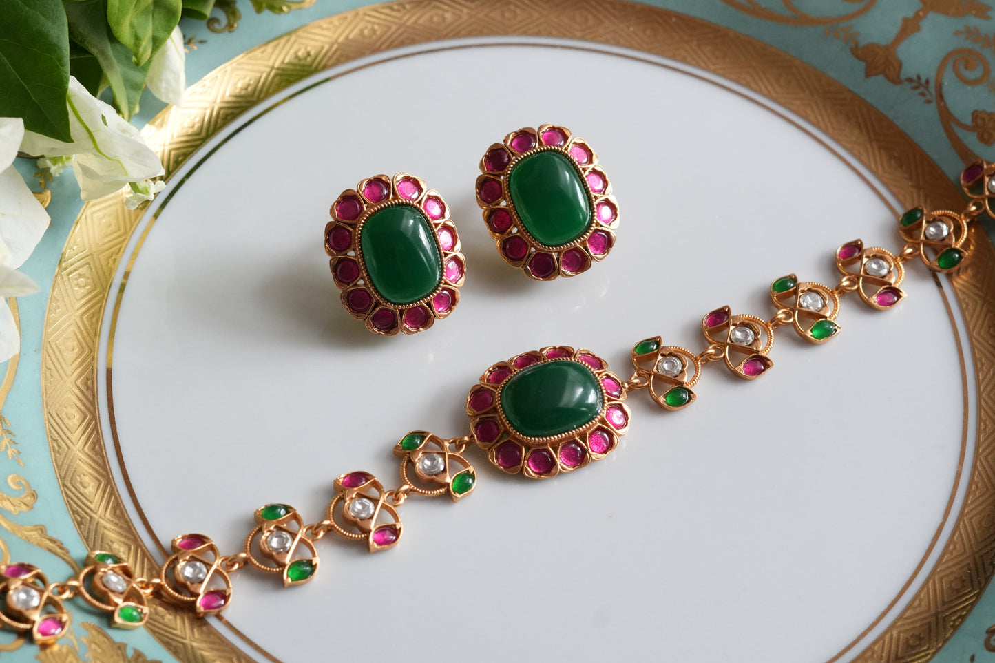 Pink & Green Stone Polki Choker Set (4-9493)(SR)