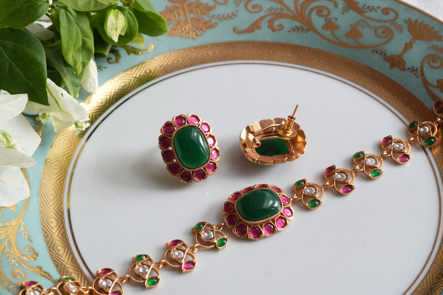 Pink & Green Stone Polki Choker Set (4-9493)(SR)