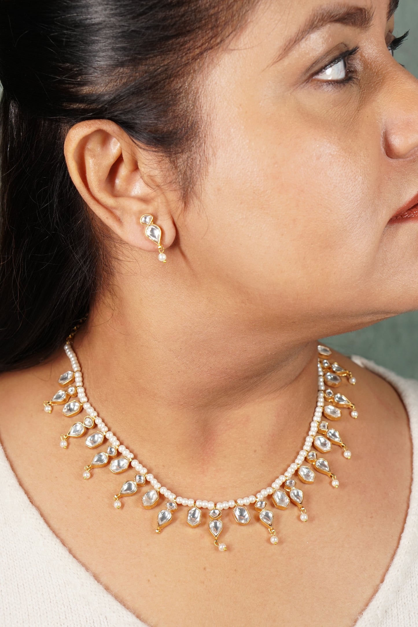 White kundan necklace Set (4-8635(R) (Introductory price) - JEWELSTYLE