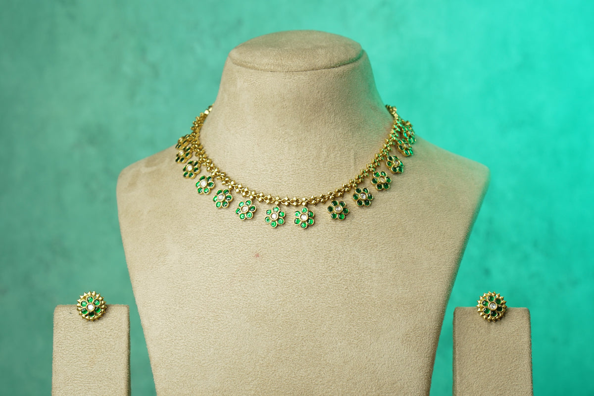 Green Stone Polki Necklace Set (4-9748)(B)